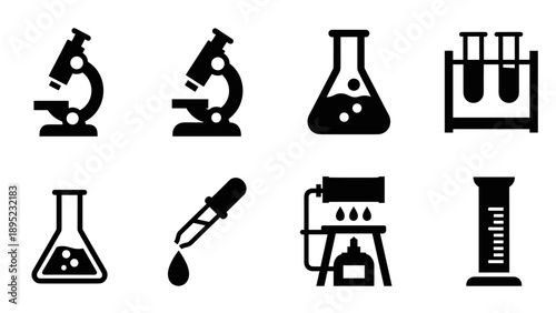 Science equipment silhouette icons: microscope, flask, test tube, dropper