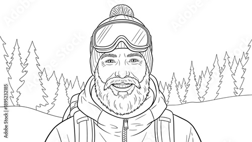 Smiling bearded man in winter gear with goggles in forest line art