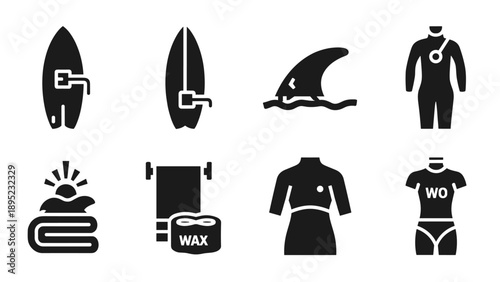 Surf gear silhouette set: boards, wetsuits, shark fin, and accessories icons