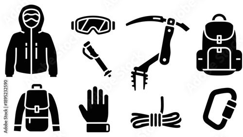 Essential mountaineering gear icons: backpack, climbing gear, ice axe, winter jacket silhouettes