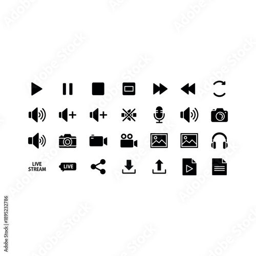 A collection of media and technology icons for streaming and recording on a white background