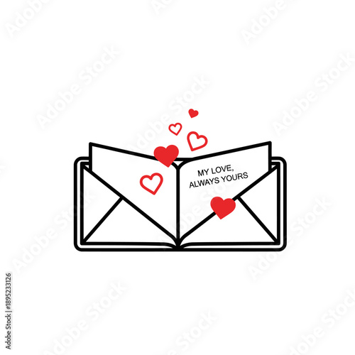 Valentines day envelope with love note and hearts spilling out, perfect for romantic declarations, lovethemed designs, greeting cards, and advertisements.