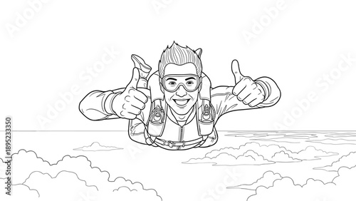 Skydiver illustration with thumbs up over clouds in line art style