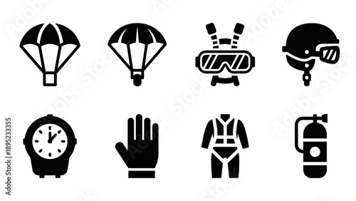 Silhouette icons: parachuting gear and skydiving safety equipment