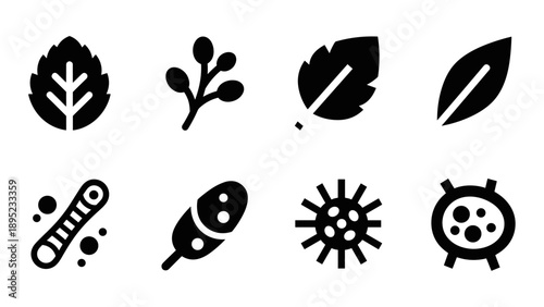 Collection of minimalist nature and microbe icons in black silhouette style