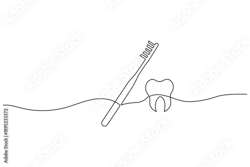 Minimalist continuous one line drawing of a molar tooth and toothbrush. Perfect for dental clinic branding, oral hygiene concepts, and modern healthcare designs.