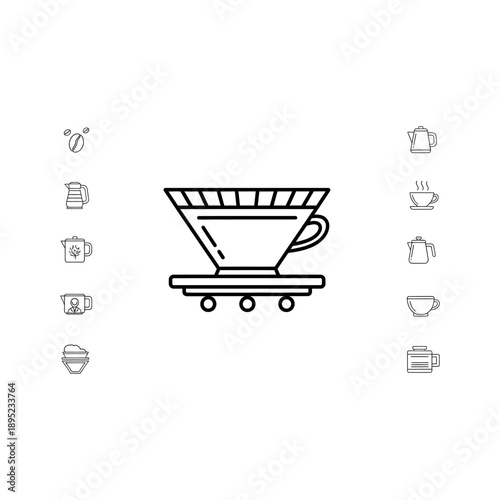 Coffee brewing illustration on white background with various coffee icons