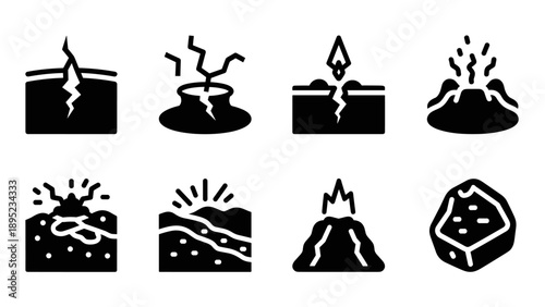 Geology icons: earthquake, volcano, crack, tectonic, lava eruption symbols in bold silhouette style