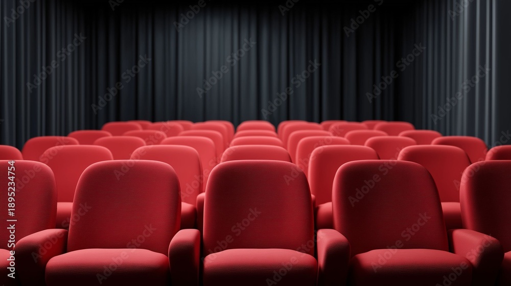 Obraz premium Rows of plush red chairs await their guests in a charming theater. The ambiance is quiet, creating anticipation for the performances that will soon bring stories to life