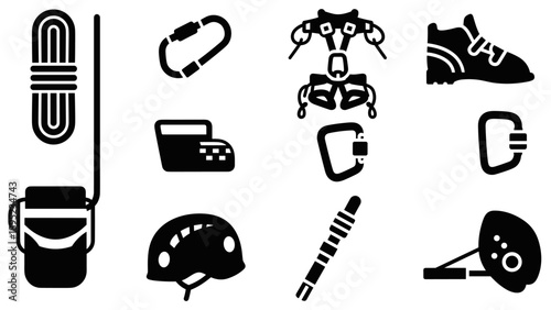 Climbing gear icons: essentials for outdoor adventure in minimalist style