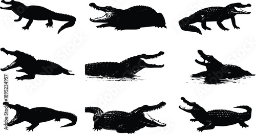 Set of nine black silhouette crocodiles jumping and sitting isolated on white background vector illustration
