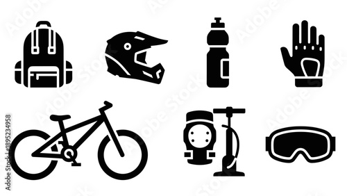 Essential mountain biking gear icons: helmet, backpack, bicycle, and more