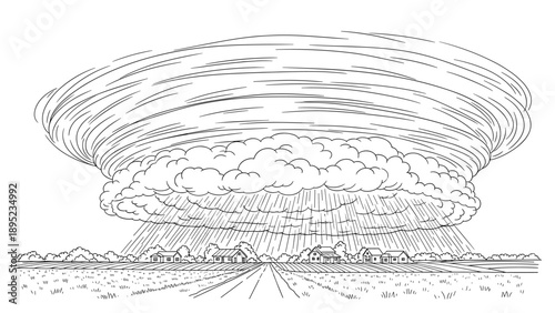 Dramatic black and white tornado scene over rural landscape with rain and clouds