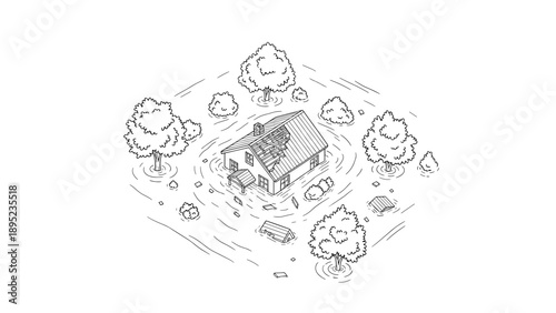Isometric flooded house with trees in linear black and white style