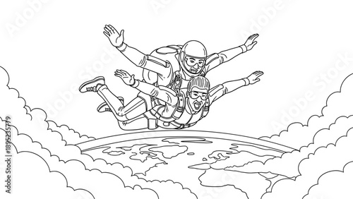 Exciting skydiving adventure: line art of tandem jump over earth