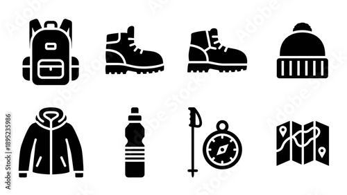 Silhouette icons of hiking gear: backpack, boots, winter hat, jacket, water bottle, compass