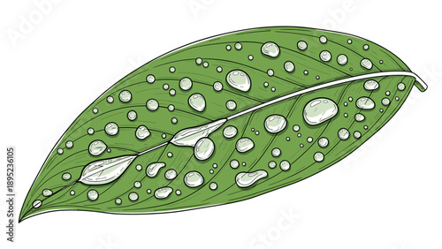 Green leaf with dew drops: detailed botanical art for nature designs