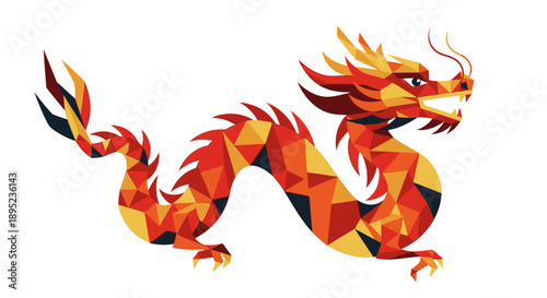 Vibrant geometric dragon in fiery hues symbolizing power