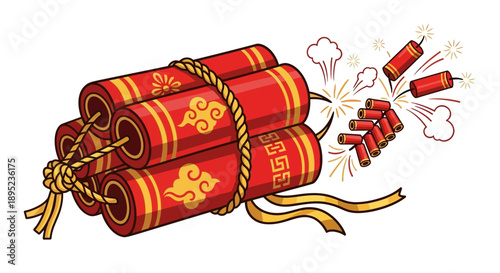 Vibrant red Chinese firecrackers exploding with golden accents