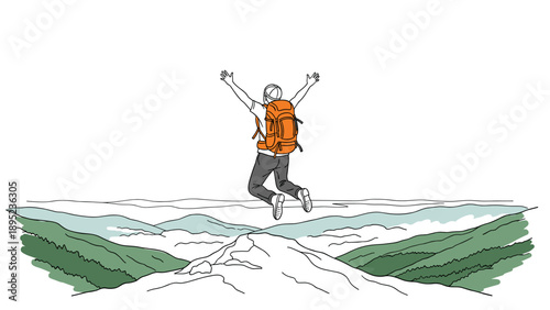 Adventurous traveler celebrating on mountain peak in minimalist art style