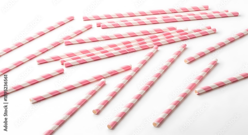 Obraz premium Pink and white striped drinking straws scattered on a white surface.