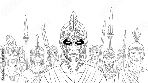 Intricate line art of tribal warriors with traditional face paint and feather adornments