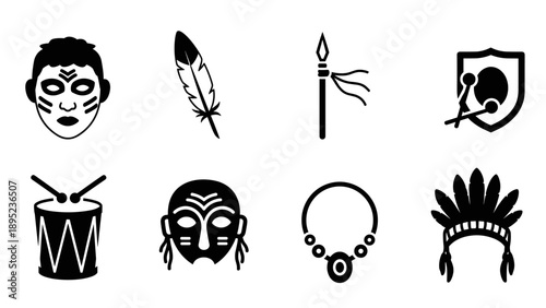 Tribal icon set: masks, feathers, spears, drums, necklace, headdress