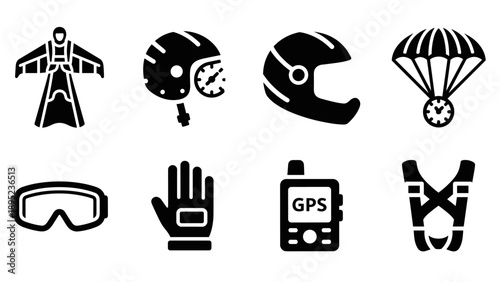 Extreme sports silhouette icons featuring wingsuit, helmet, parachute, and gear