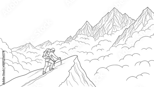 Adventurer sketch: explorer on mountain peak with scenic cloud view