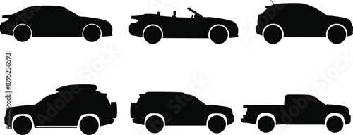 Car vehicle silhouettes set showing sedan, convertible, hatchback, SUV, and pickup truck side views for transportation and automotive design concepts