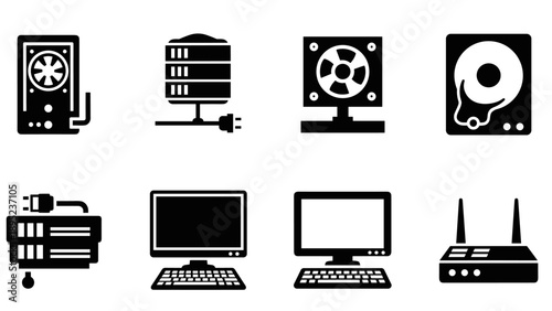 Silhouette icons of computer hardware: cpu, server, monitor, router, hard drive