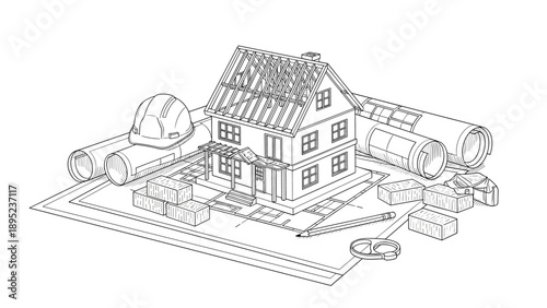 Architectural blueprint drawing of a house with construction tools and plans