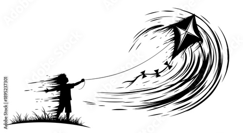 Child flying a kite in the wind Vector