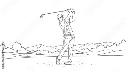 Golfer in motion: dynamic golf swing line art with scenic background