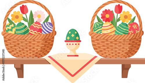 Easter basket table setup with decorated eggs flat vector illustration