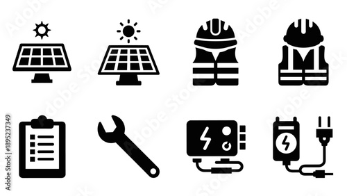 Bold energy: solar panels, safety gear, and tools in icon design