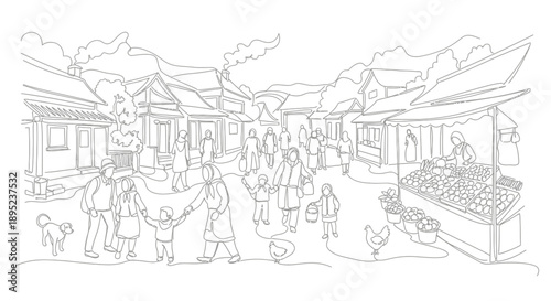 Villagers gathering at a traditional marketplace Vector