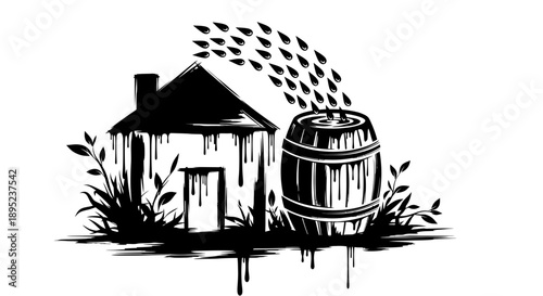 Traditional house with overflowing barrel Vector