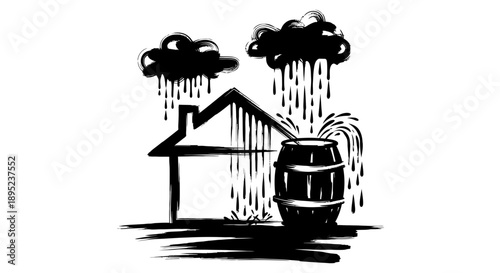Storm clouds pouring rain over a house and barrel Vector