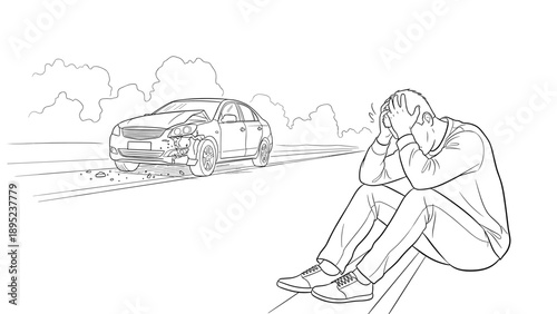 Linear drawing of car accident scene with distressed driver on roadside