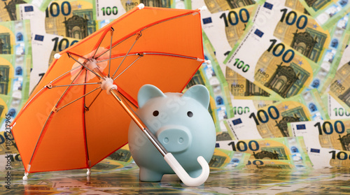 Fotografi A blue piggy bank protected by an umbrella against a background of 100 euro bill