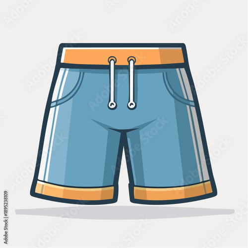 Illustration of blue swim shorts with orange accents and drawstrings on a plain white background