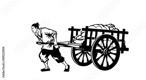 Man pulling a heavy load on a wooden cart Vector