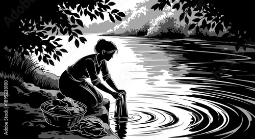 Woman collecting water from serene river Vector