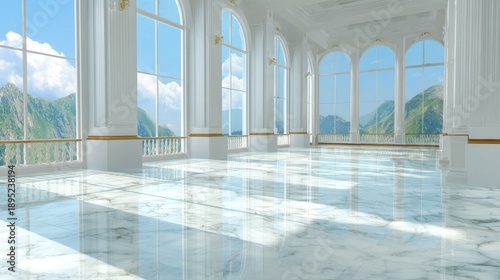 Bright opulent hall with marble floors and mountain views.