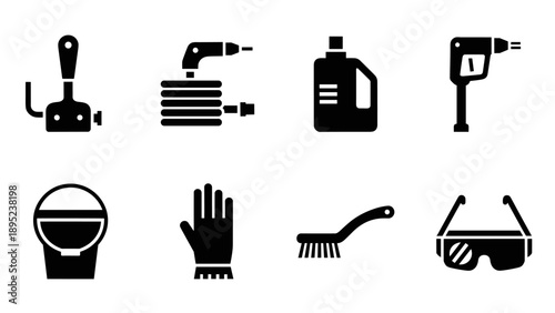 Set of black silhouette cleaning and repair tools