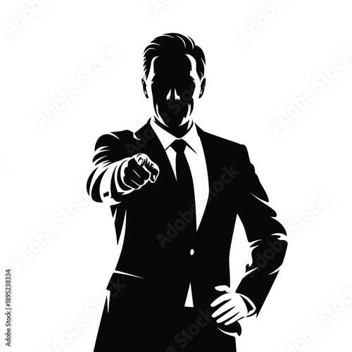 Black and white silhouette of a man in a suit pointing forward