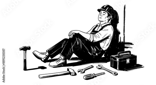 Thoughtful mechanic surrounded by tools Vector