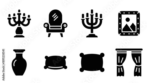 Elegant home decor icons: black silhouette collection of stylish interior elements