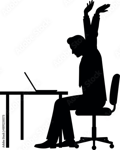 Office worker stretching at desk with laptop silhouette concept